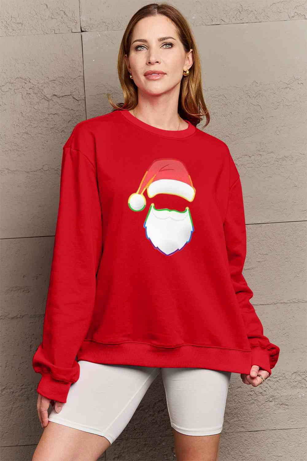 Simply Love Full Size Rainbow Santa Graphic Round Neck Sweatshirt BLUE ZONE PLANET