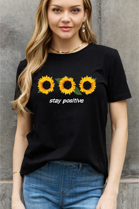 Simply Love Full Size STAY POSITIVE Sunflower Graphic Cotton Tee BLUE ZONE PLANET