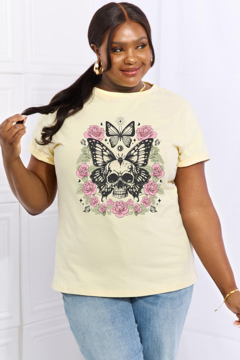 Simply Love Full Size Skull & Butterfly Graphic Cotton Tee BLUE ZONE PLANET