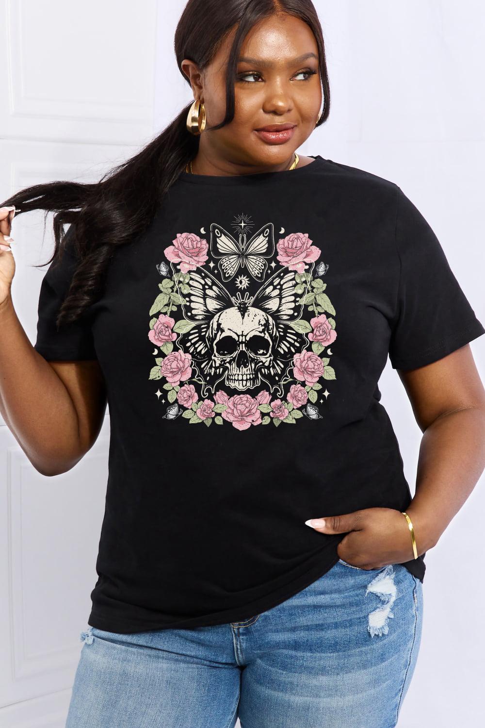 Simply Love Full Size Skull & Butterfly Graphic Cotton Tee BLUE ZONE PLANET