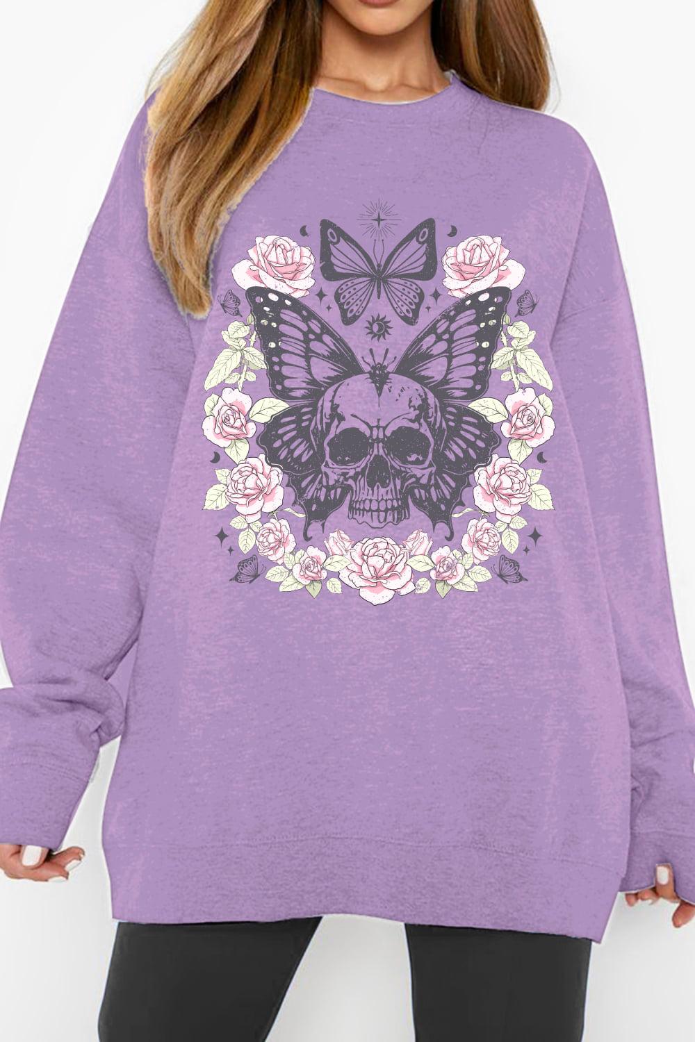 Simply Love Full Size Skull Butterfly Graphic Sweatshirt BLUE ZONE PLANET