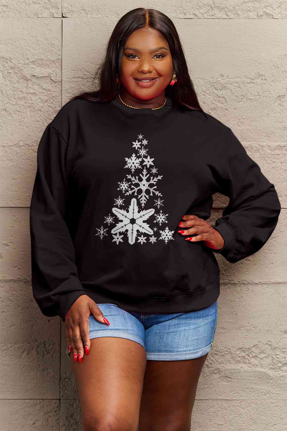 Simply Love Full Size Snowflake Christmas Tree Graphic Sweatshirt BLUE ZONE PLANET