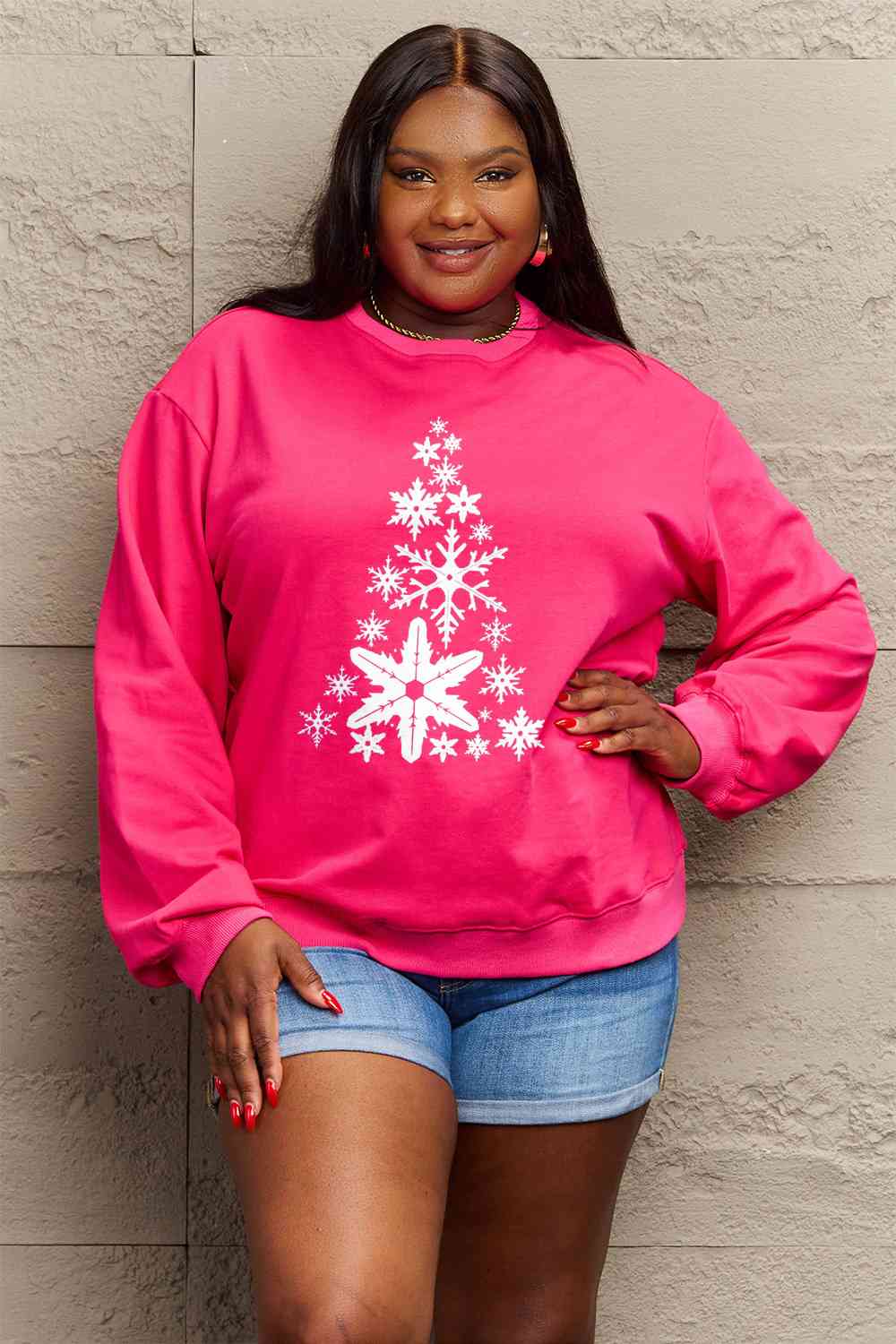 Simply Love Full Size Snowflake Christmas Tree Graphic Sweatshirt BLUE ZONE PLANET