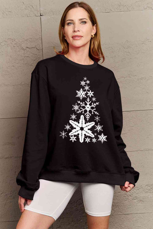 Simply Love Full Size Snowflake Christmas Tree Graphic Sweatshirt BLUE ZONE PLANET