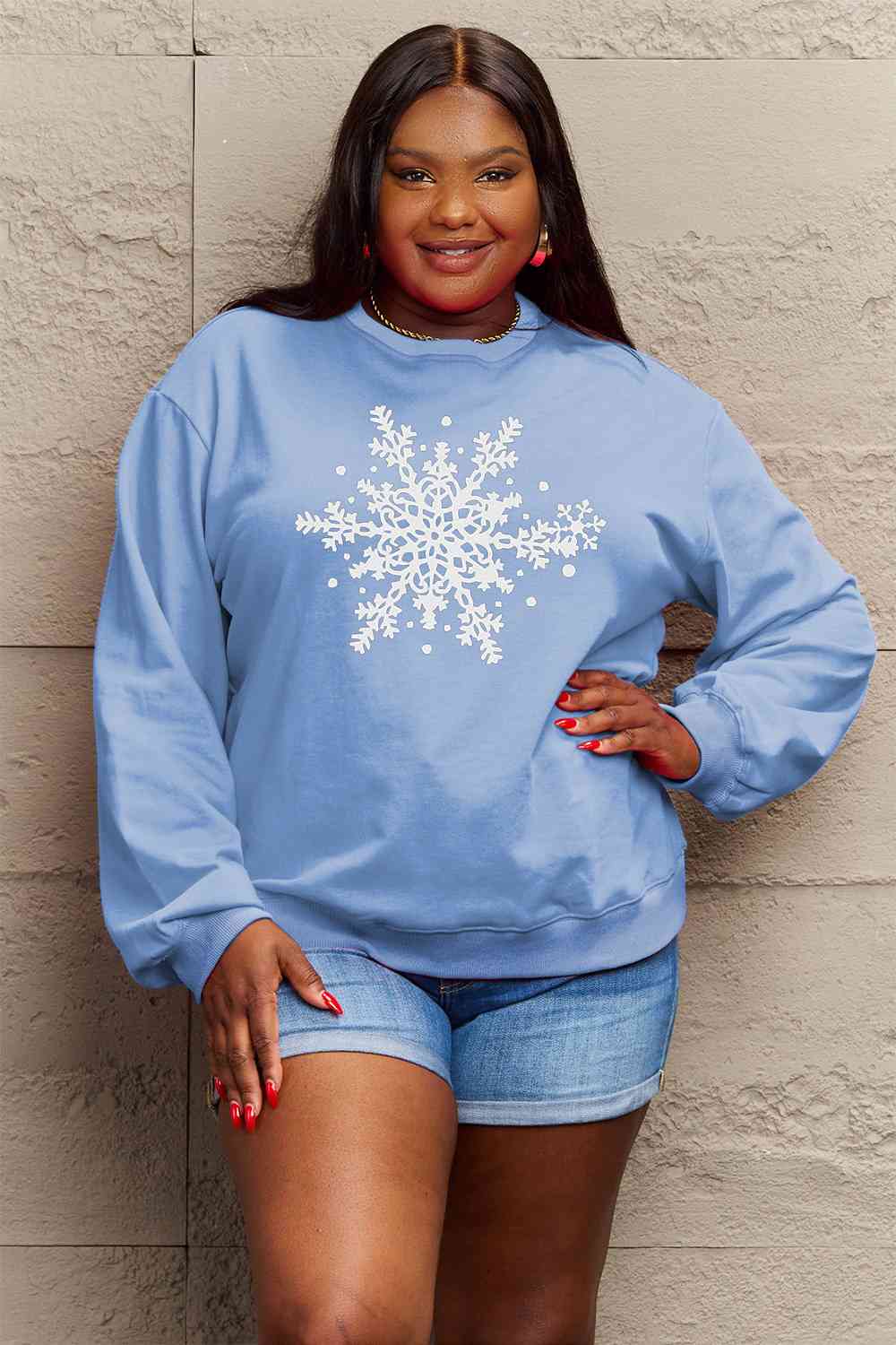 Simply Love Full Size Snowflake Graphic Sweatshirt BLUE ZONE PLANET