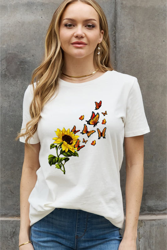Simply Love Full Size Sunflower Butterfly Graphic Cotton Tee BLUE ZONE PLANET