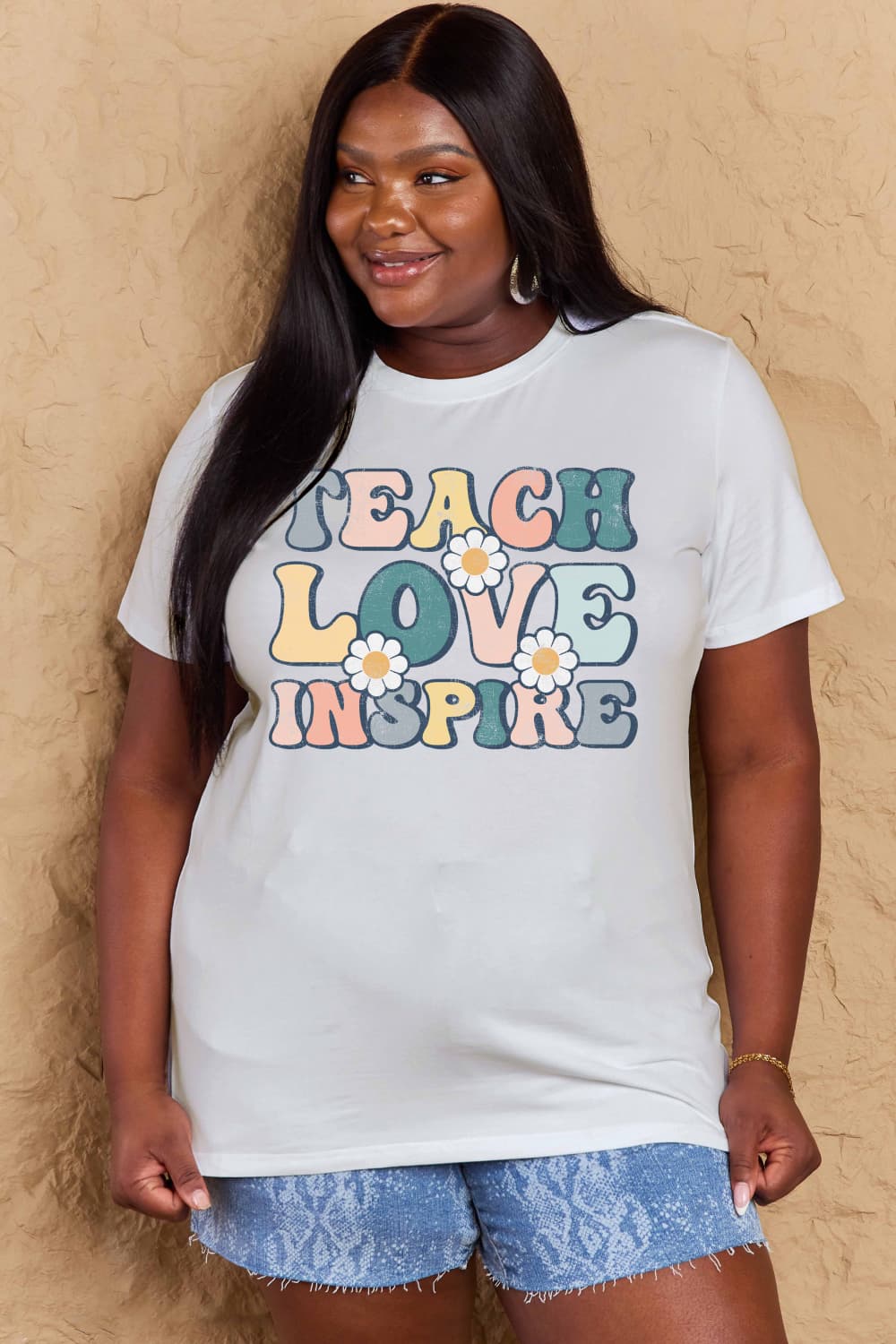 Simply Love Full Size TEACH LOVE INSPIRE Graphic Cotton T-Shirt BLUE ZONE PLANET