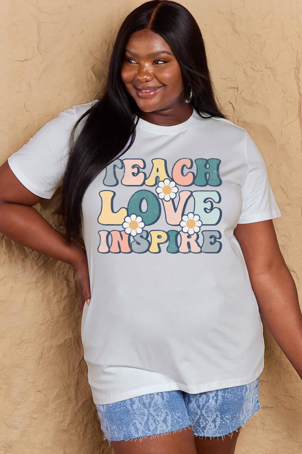 Simply Love Full Size TEACH LOVE INSPIRE Graphic Cotton T-Shirt BLUE ZONE PLANET