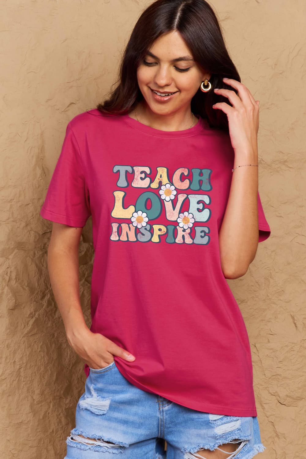 Simply Love Full Size TEACH LOVE INSPIRE Graphic Cotton T-Shirt BLUE ZONE PLANET