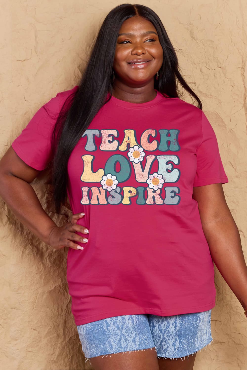 Simply Love Full Size TEACH LOVE INSPIRE Graphic Cotton T-Shirt BLUE ZONE PLANET