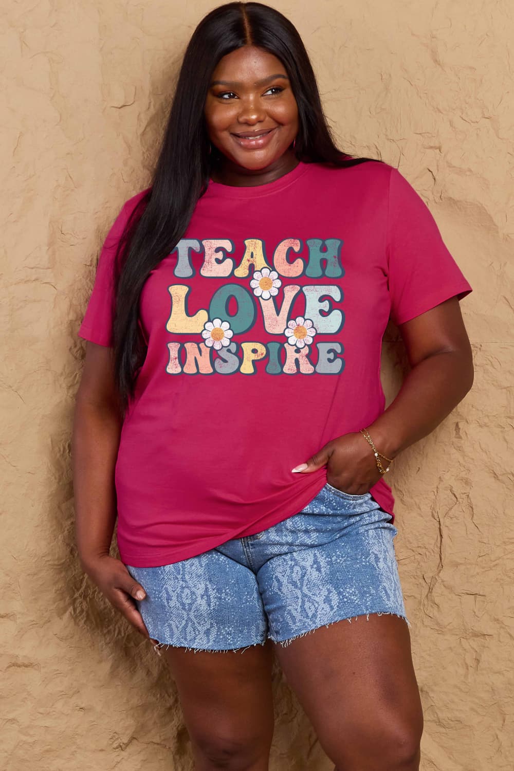 Simply Love Full Size TEACH LOVE INSPIRE Graphic Cotton T-Shirt BLUE ZONE PLANET