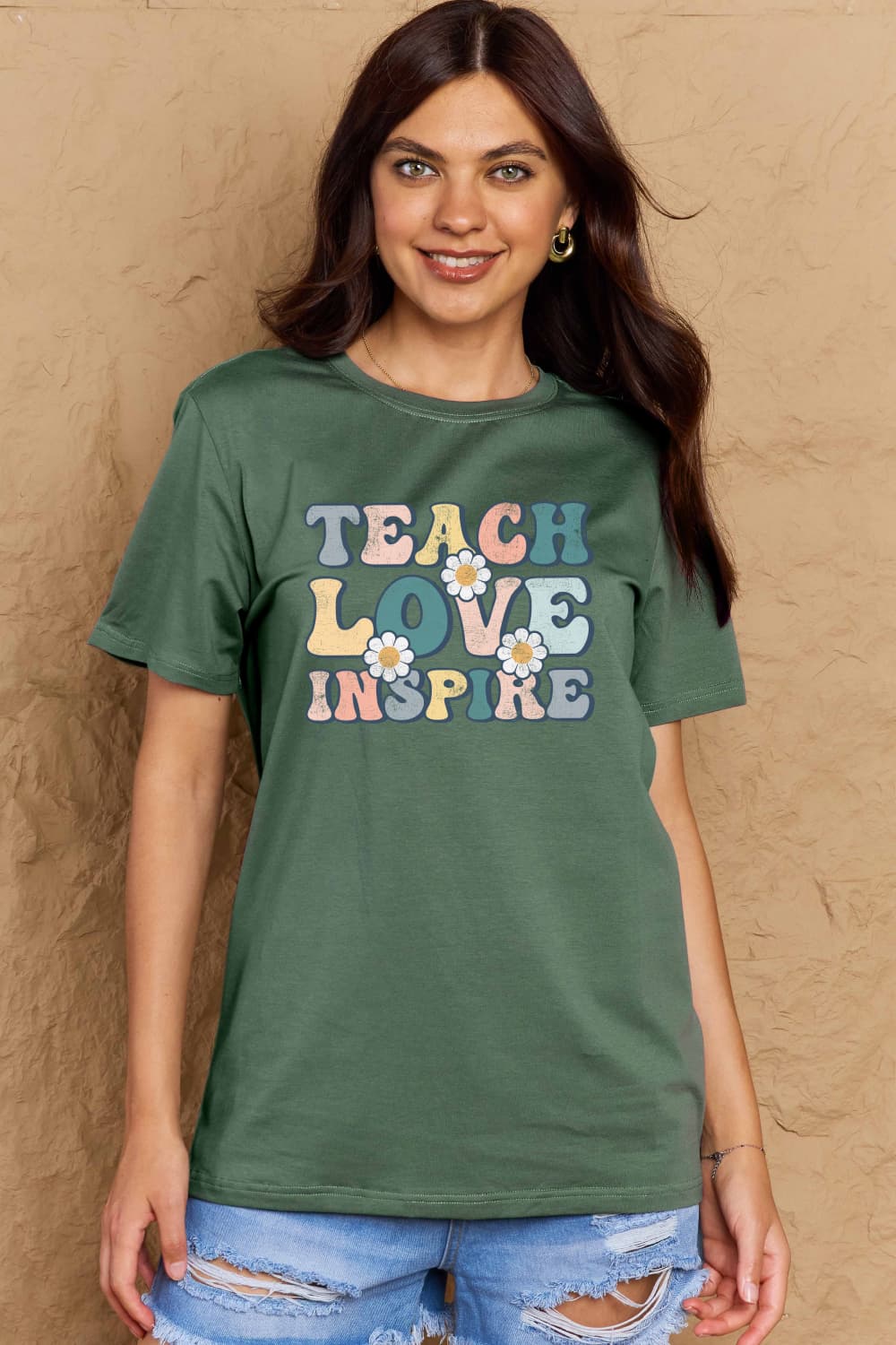 Simply Love Full Size TEACH LOVE INSPIRE Graphic Cotton T-Shirt BLUE ZONE PLANET