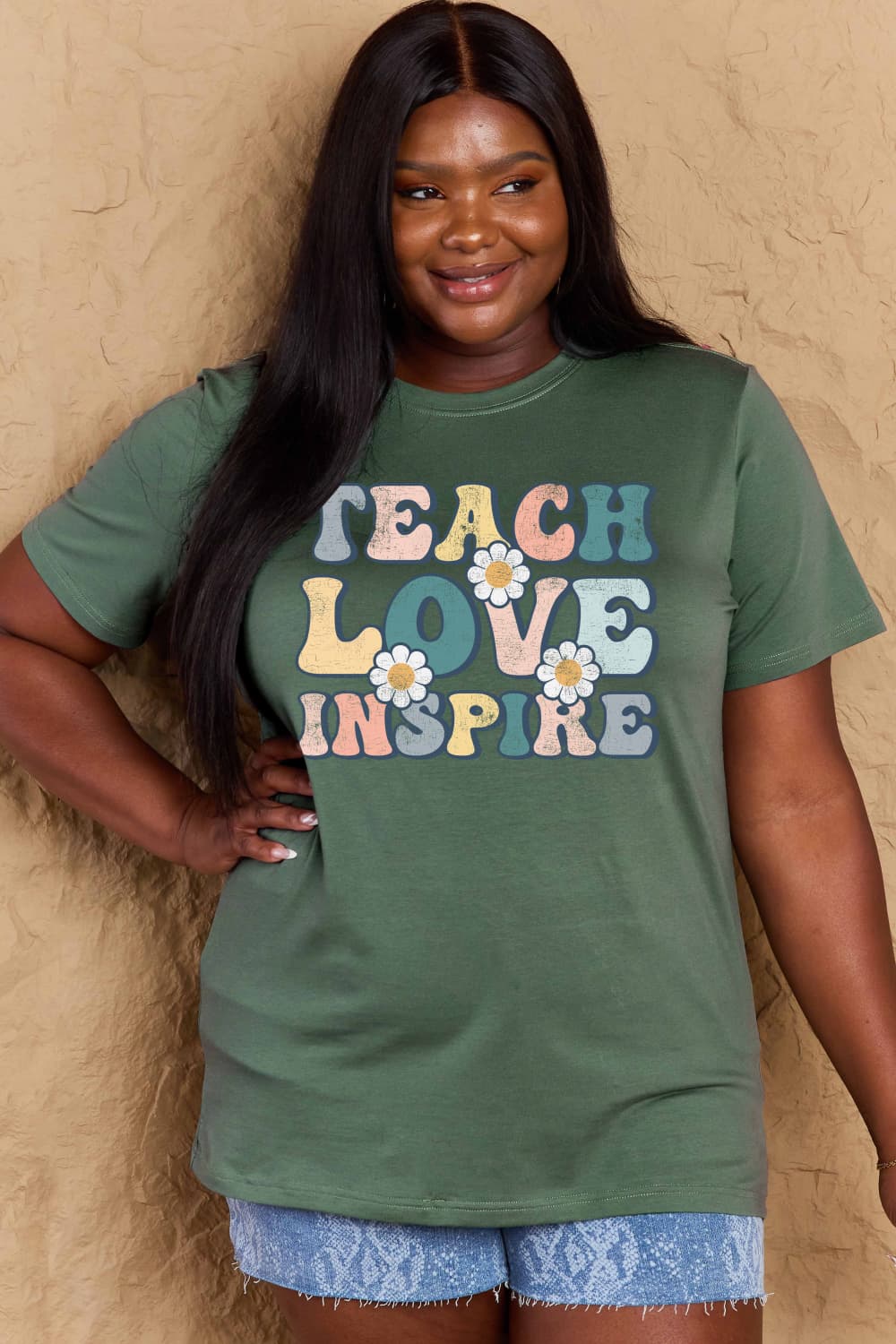 Simply Love Full Size TEACH LOVE INSPIRE Graphic Cotton T-Shirt BLUE ZONE PLANET