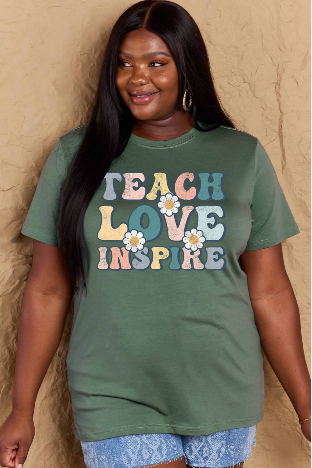 Simply Love Full Size TEACH LOVE INSPIRE Graphic Cotton T-Shirt BLUE ZONE PLANET