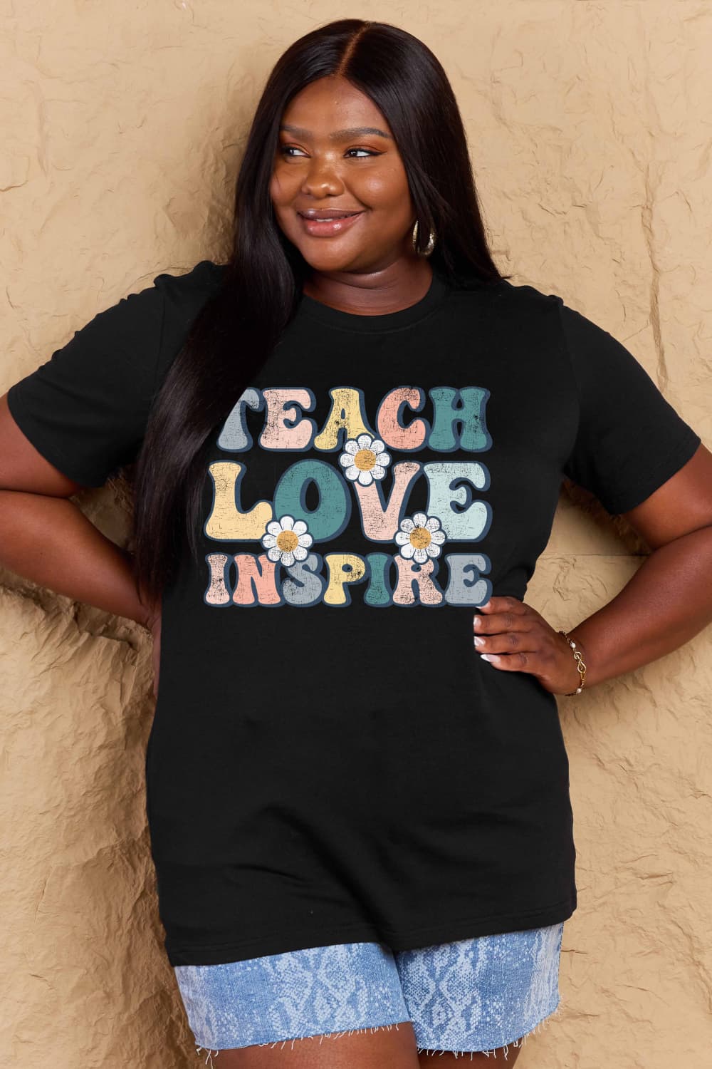 Simply Love Full Size TEACH LOVE INSPIRE Graphic Cotton T-Shirt BLUE ZONE PLANET