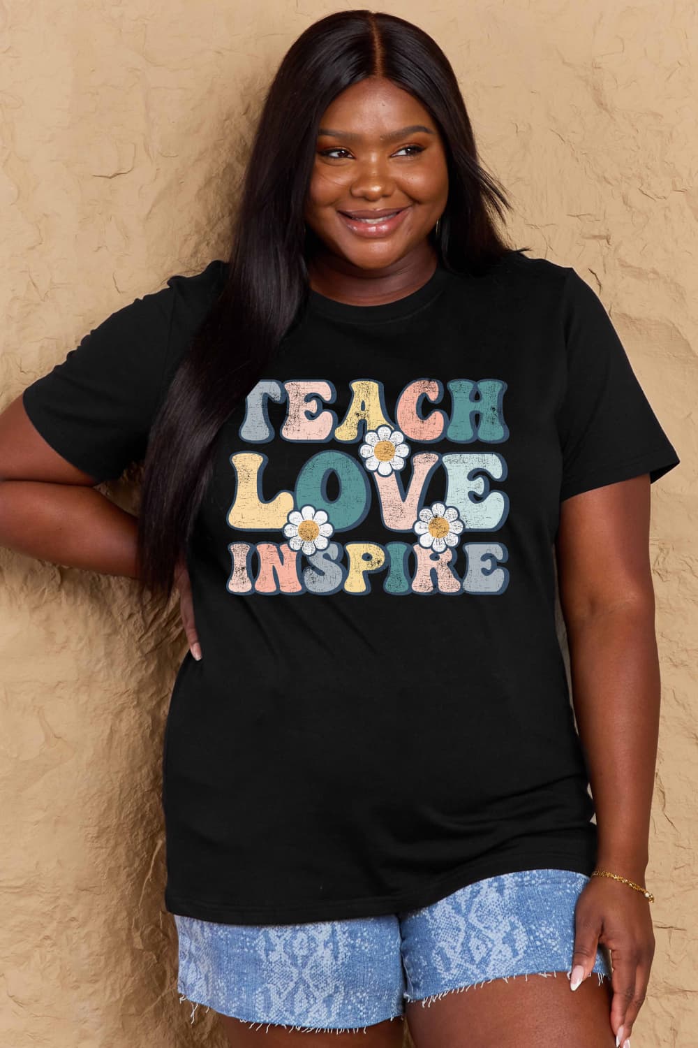 Simply Love Full Size TEACH LOVE INSPIRE Graphic Cotton T-Shirt BLUE ZONE PLANET