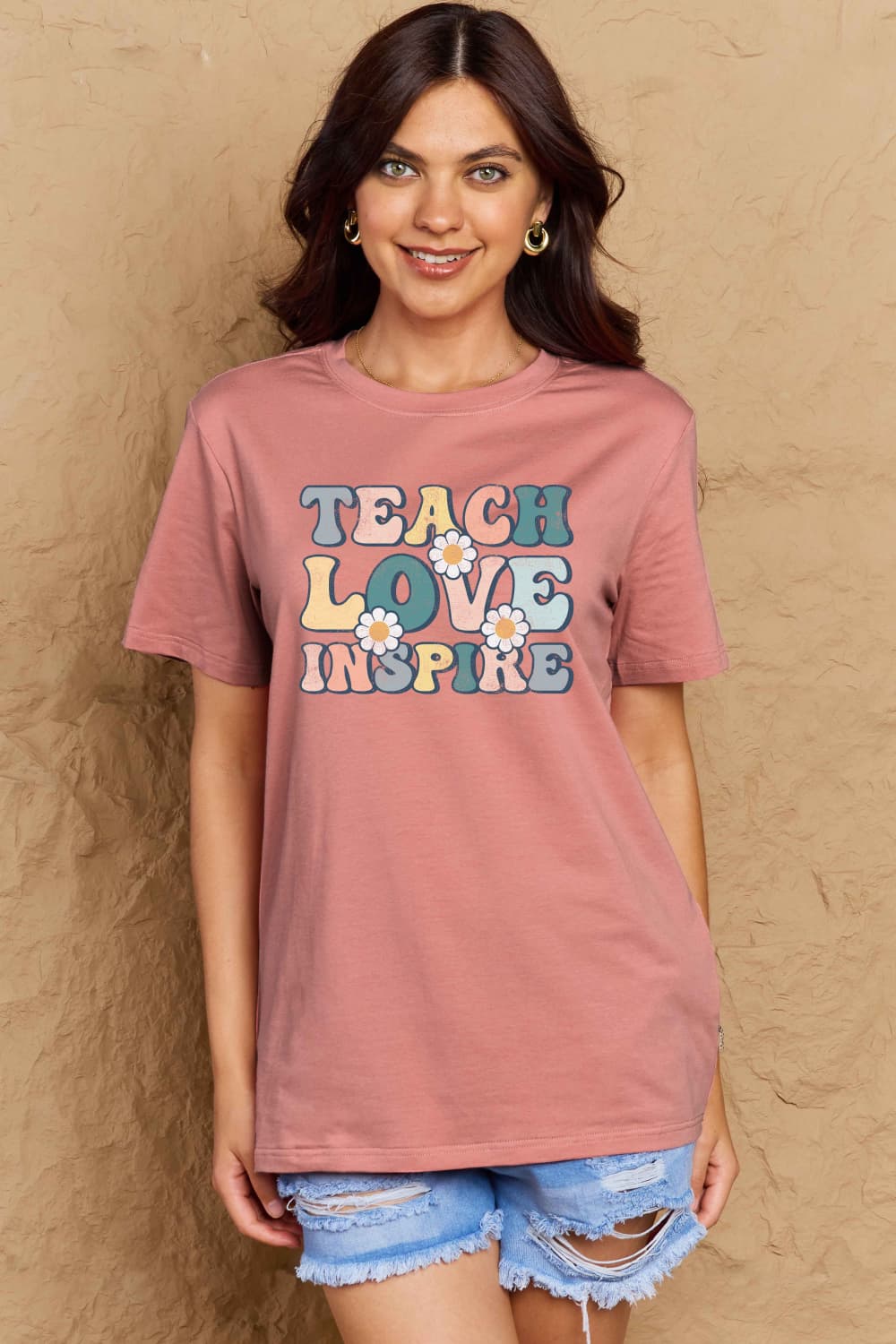 Simply Love Full Size TEACH LOVE INSPIRE Graphic Cotton T-Shirt BLUE ZONE PLANET