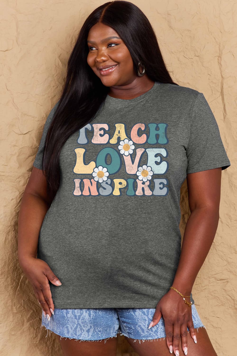 Simply Love Full Size TEACH LOVE INSPIRE Graphic Cotton T-Shirt BLUE ZONE PLANET