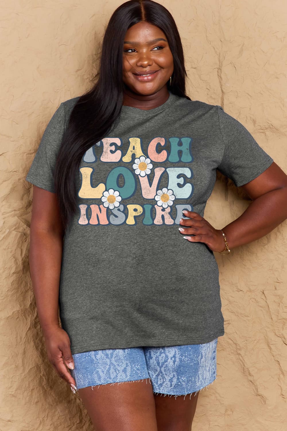 Simply Love Full Size TEACH LOVE INSPIRE Graphic Cotton T-Shirt BLUE ZONE PLANET