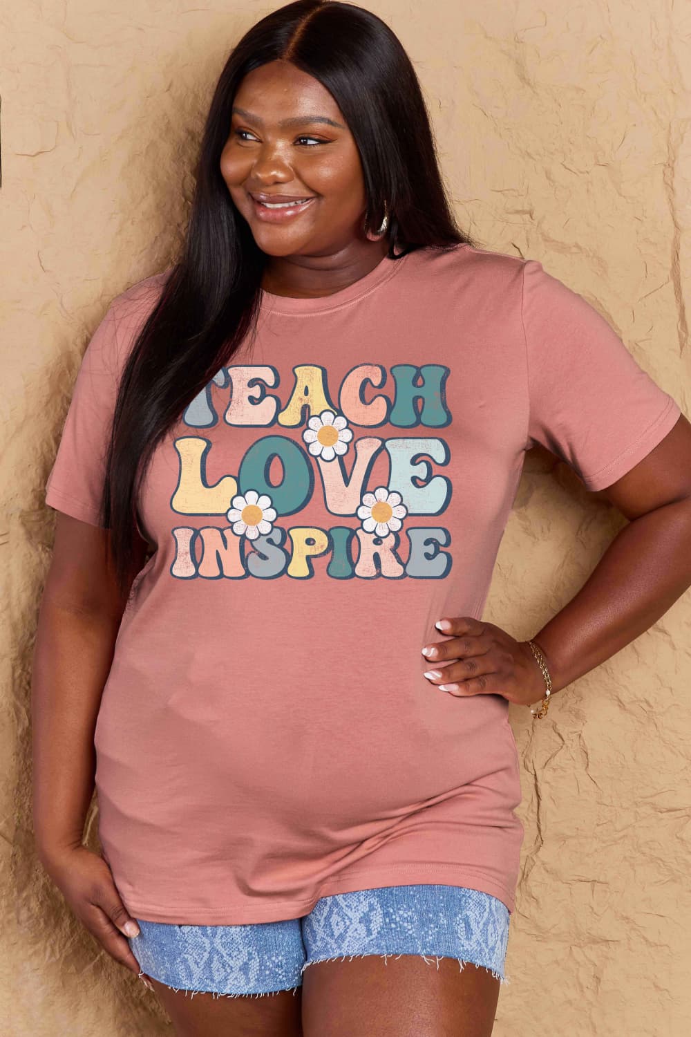 Simply Love Full Size TEACH LOVE INSPIRE Graphic Cotton T-Shirt BLUE ZONE PLANET