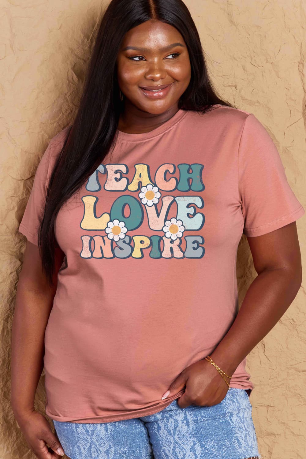 Simply Love Full Size TEACH LOVE INSPIRE Graphic Cotton T-Shirt BLUE ZONE PLANET