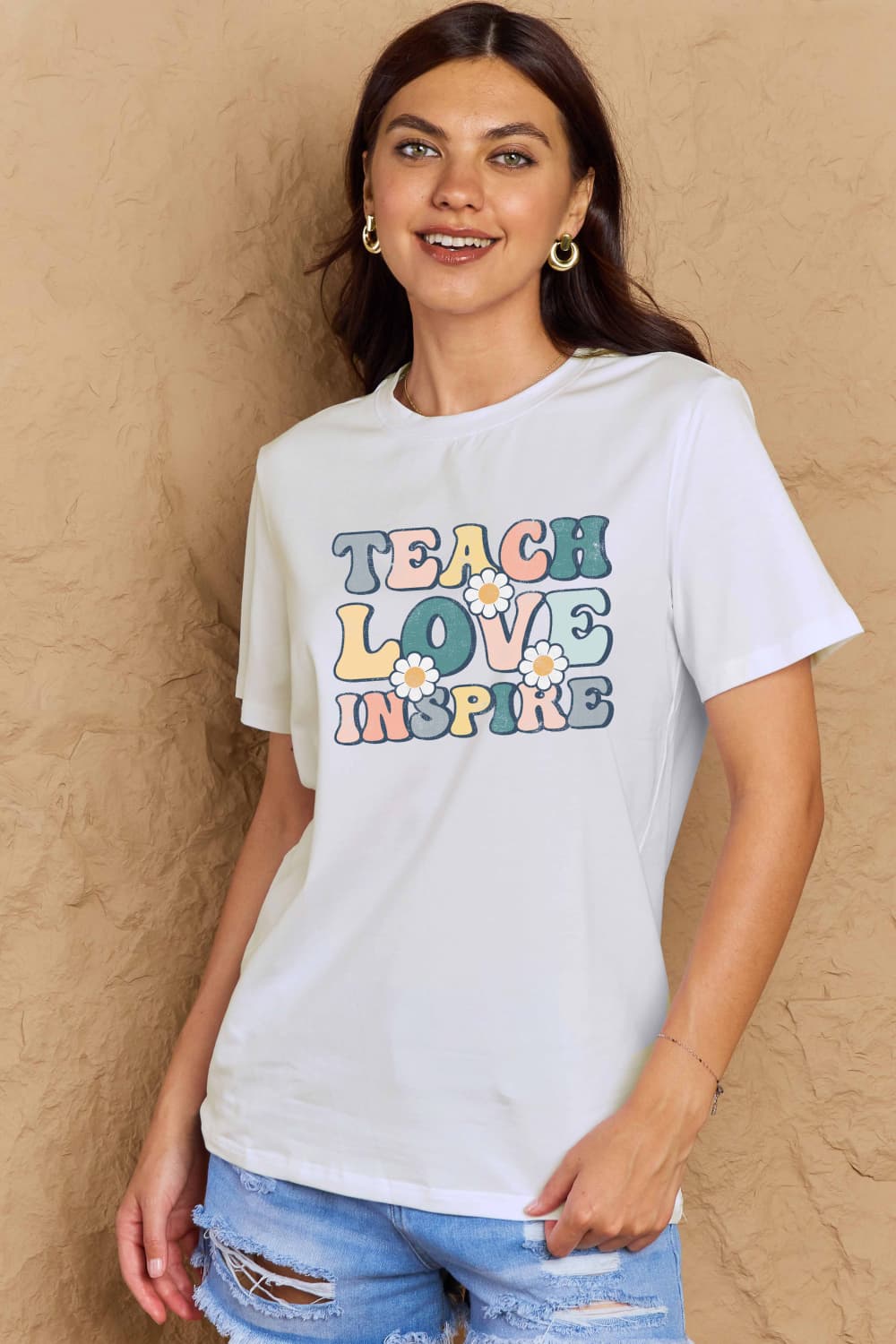 Simply Love Full Size TEACH LOVE INSPIRE Graphic Cotton T-Shirt BLUE ZONE PLANET