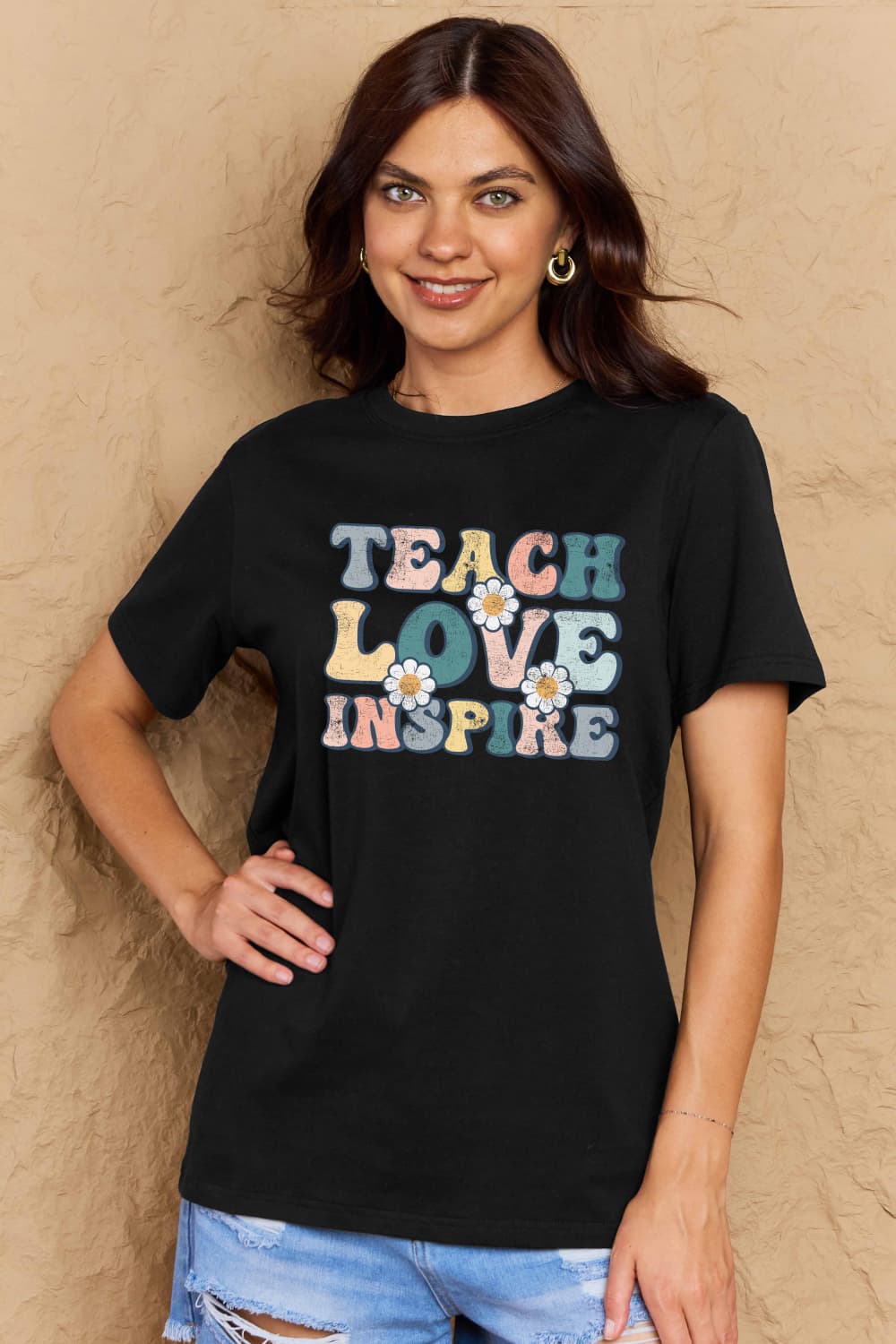 Simply Love Full Size TEACH LOVE INSPIRE Graphic Cotton T-Shirt BLUE ZONE PLANET