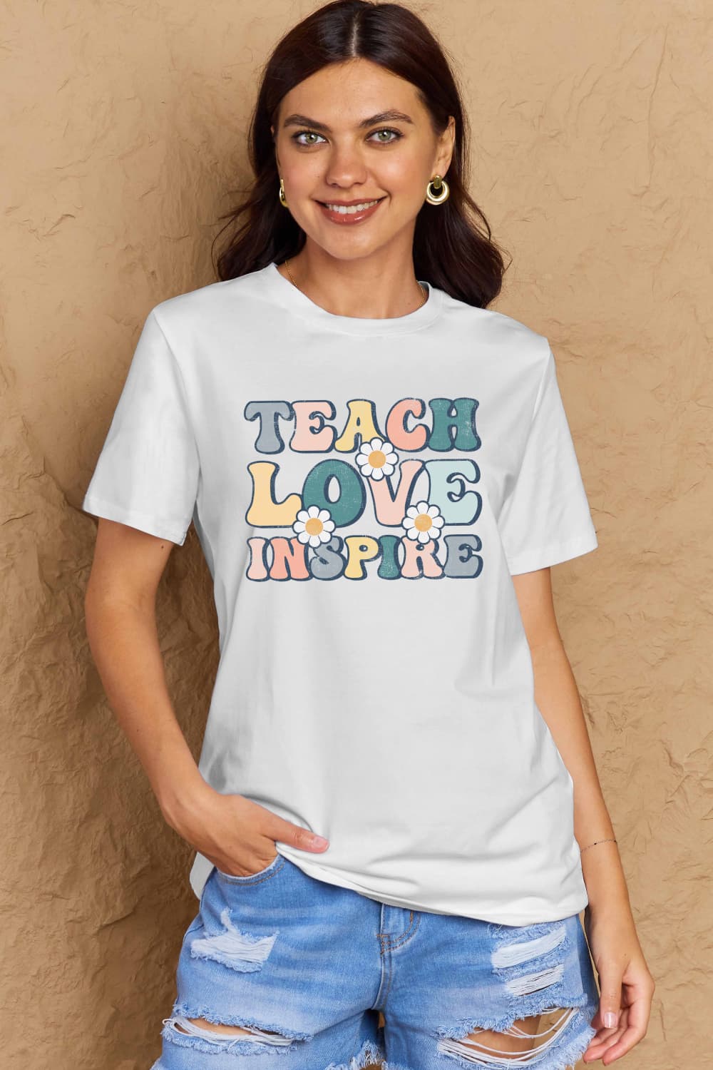 Simply Love Full Size TEACH LOVE INSPIRE Graphic Cotton T-Shirt BLUE ZONE PLANET