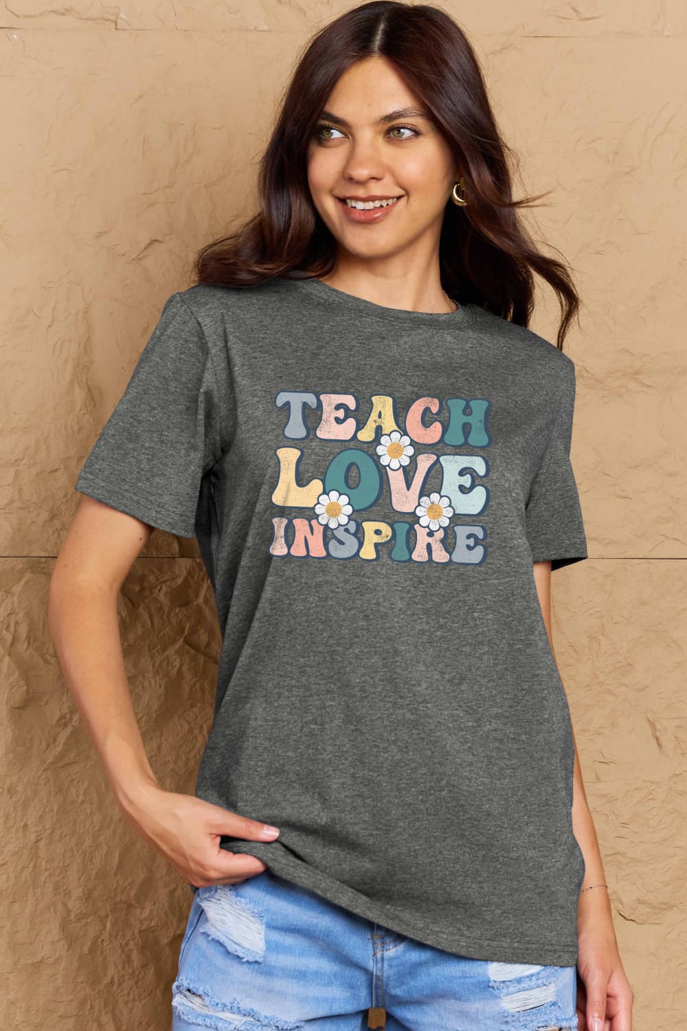 Simply Love Full Size TEACH LOVE INSPIRE Graphic Cotton T-Shirt BLUE ZONE PLANET