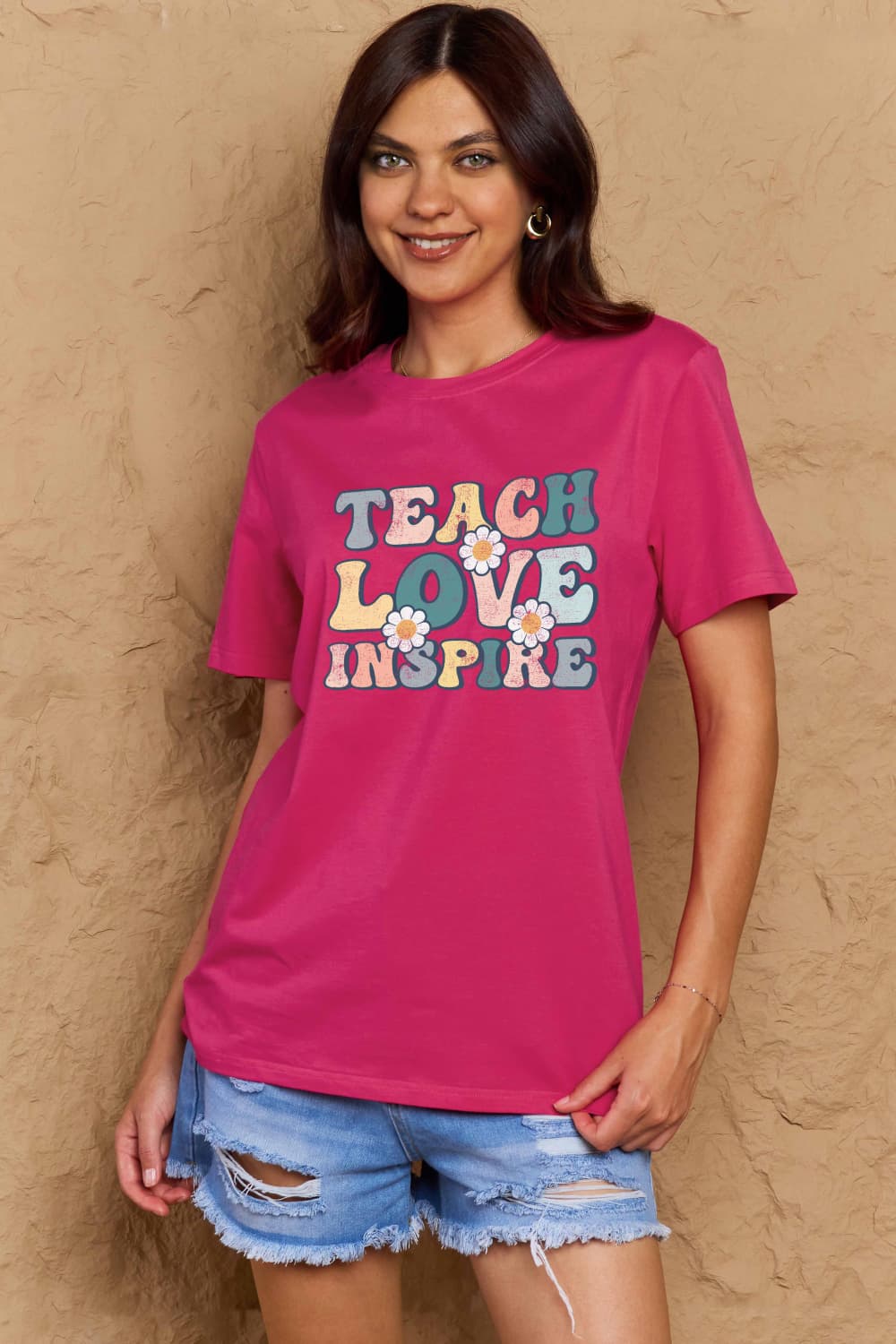 Simply Love Full Size TEACH LOVE INSPIRE Graphic Cotton T-Shirt BLUE ZONE PLANET