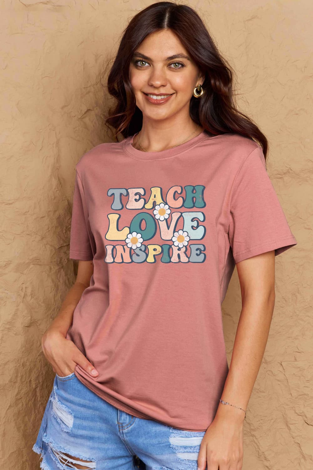 Simply Love Full Size TEACH LOVE INSPIRE Graphic Cotton T-Shirt BLUE ZONE PLANET