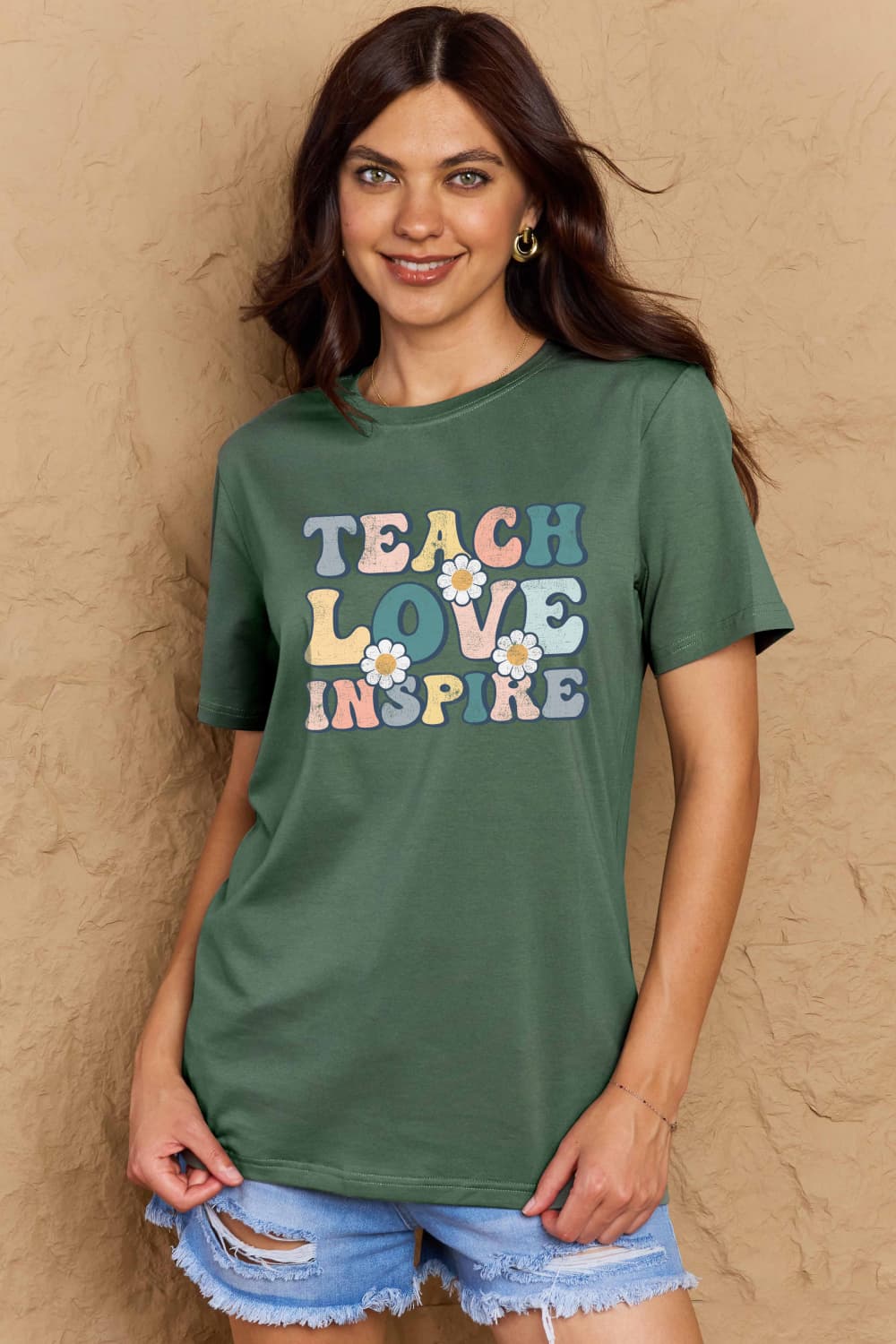 Simply Love Full Size TEACH LOVE INSPIRE Graphic Cotton T-Shirt BLUE ZONE PLANET