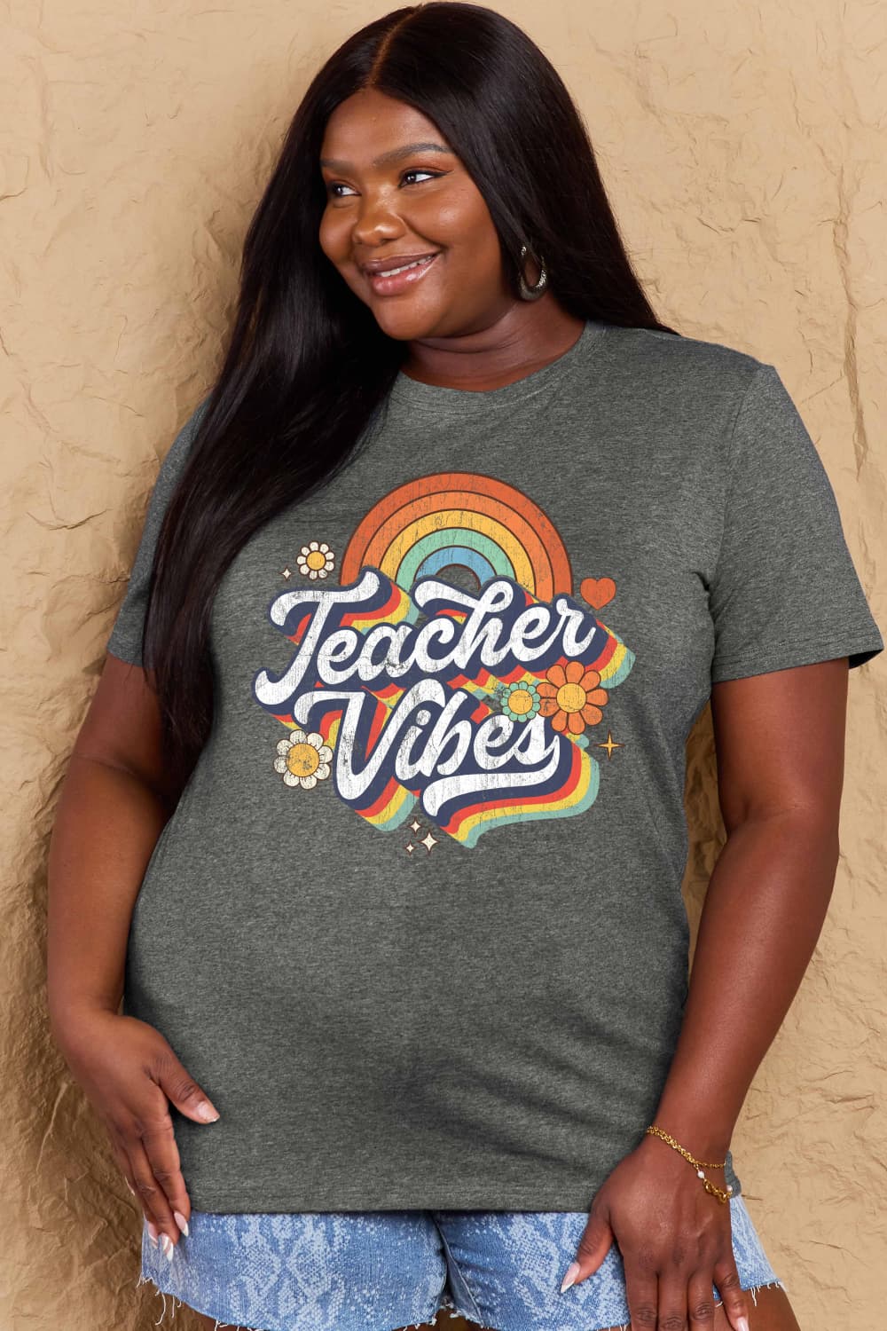 Simply Love Full Size TEACHER VIBES Graphic Cotton T-Shirt BLUE ZONE PLANET