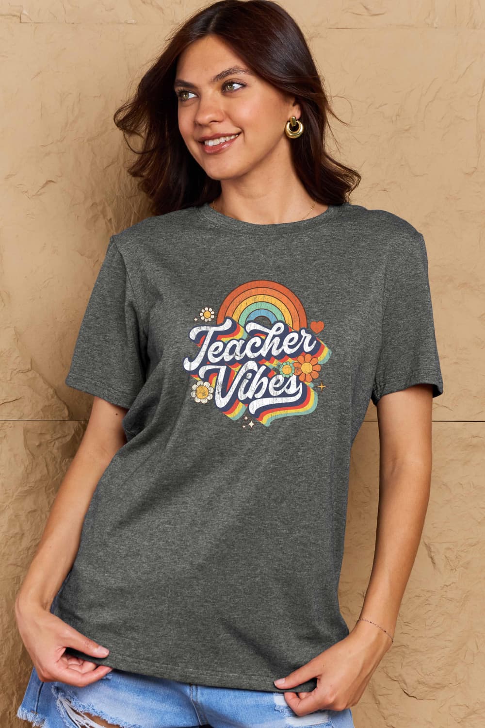 Simply Love Full Size TEACHER VIBES Graphic Cotton T-Shirt BLUE ZONE PLANET