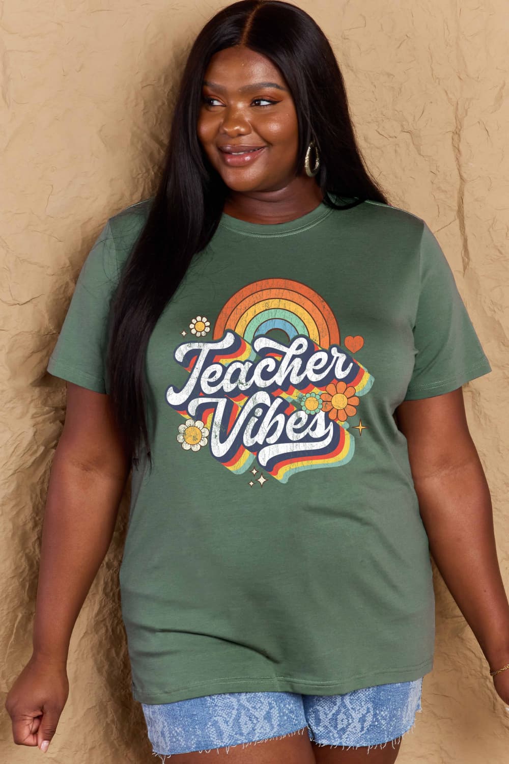 Simply Love Full Size TEACHER VIBES Graphic Cotton T-Shirt BLUE ZONE PLANET