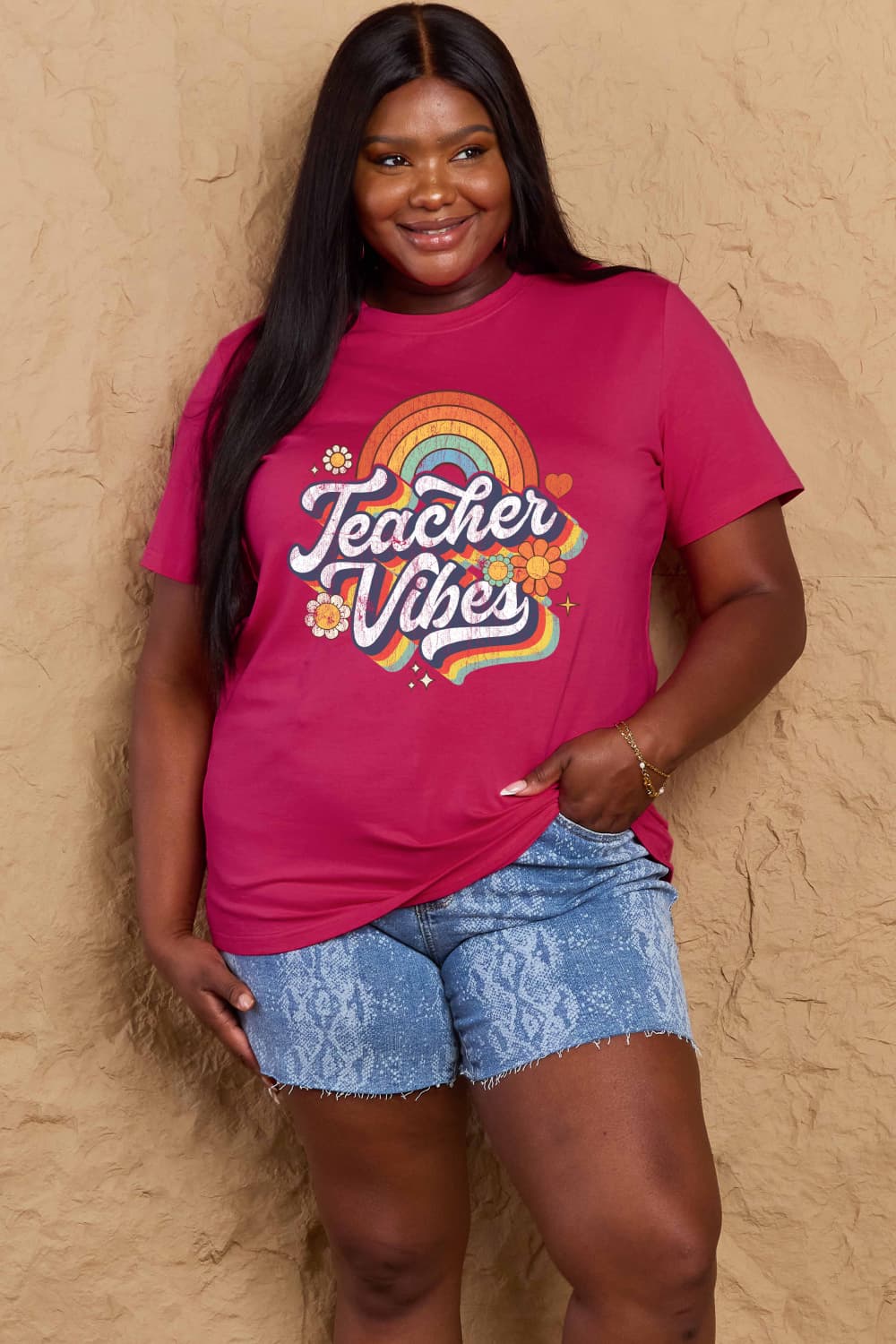 Simply Love Full Size TEACHER VIBES Graphic Cotton T-Shirt BLUE ZONE PLANET