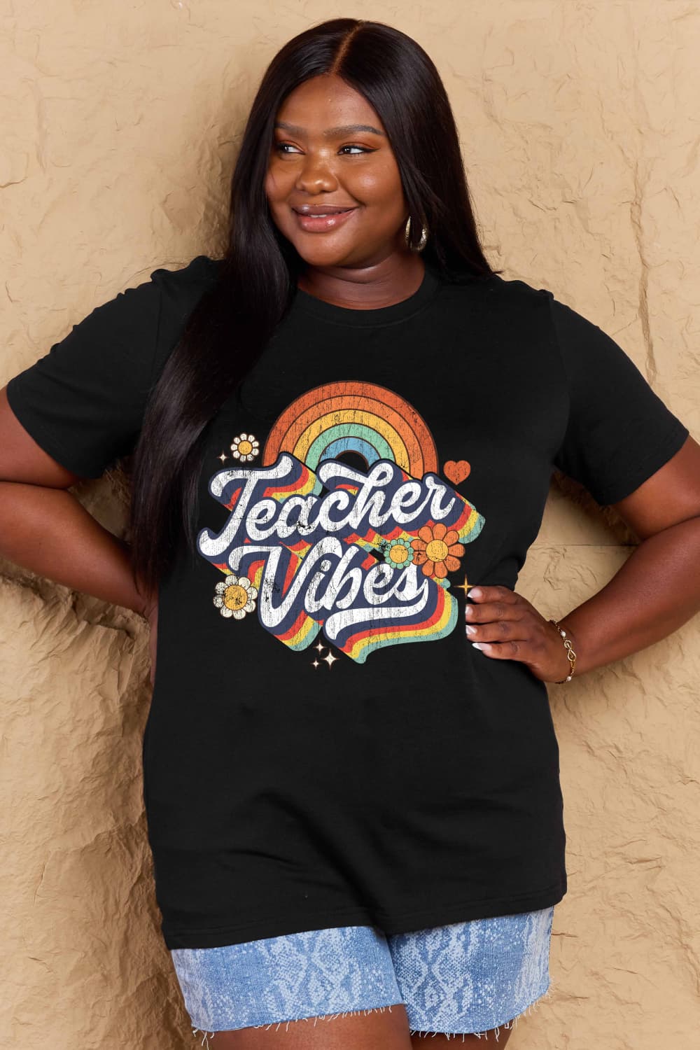 Simply Love Full Size TEACHER VIBES Graphic Cotton T-Shirt BLUE ZONE PLANET