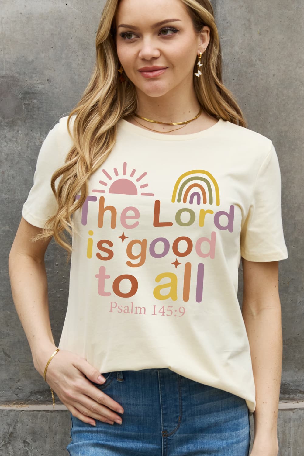 Simply Love Full Size THE LORD IS GOOD TO ALL PSALM 145:9 Graphic Cotton Tee BLUE ZONE PLANET