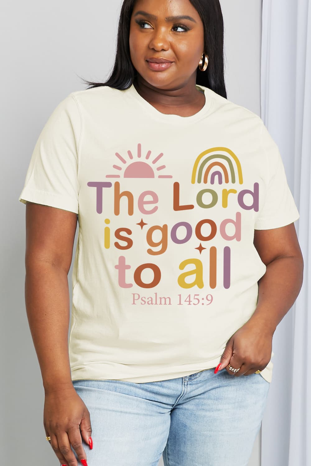 Simply Love Full Size THE LORD IS GOOD TO ALL PSALM 145:9 Graphic Cotton Tee BLUE ZONE PLANET