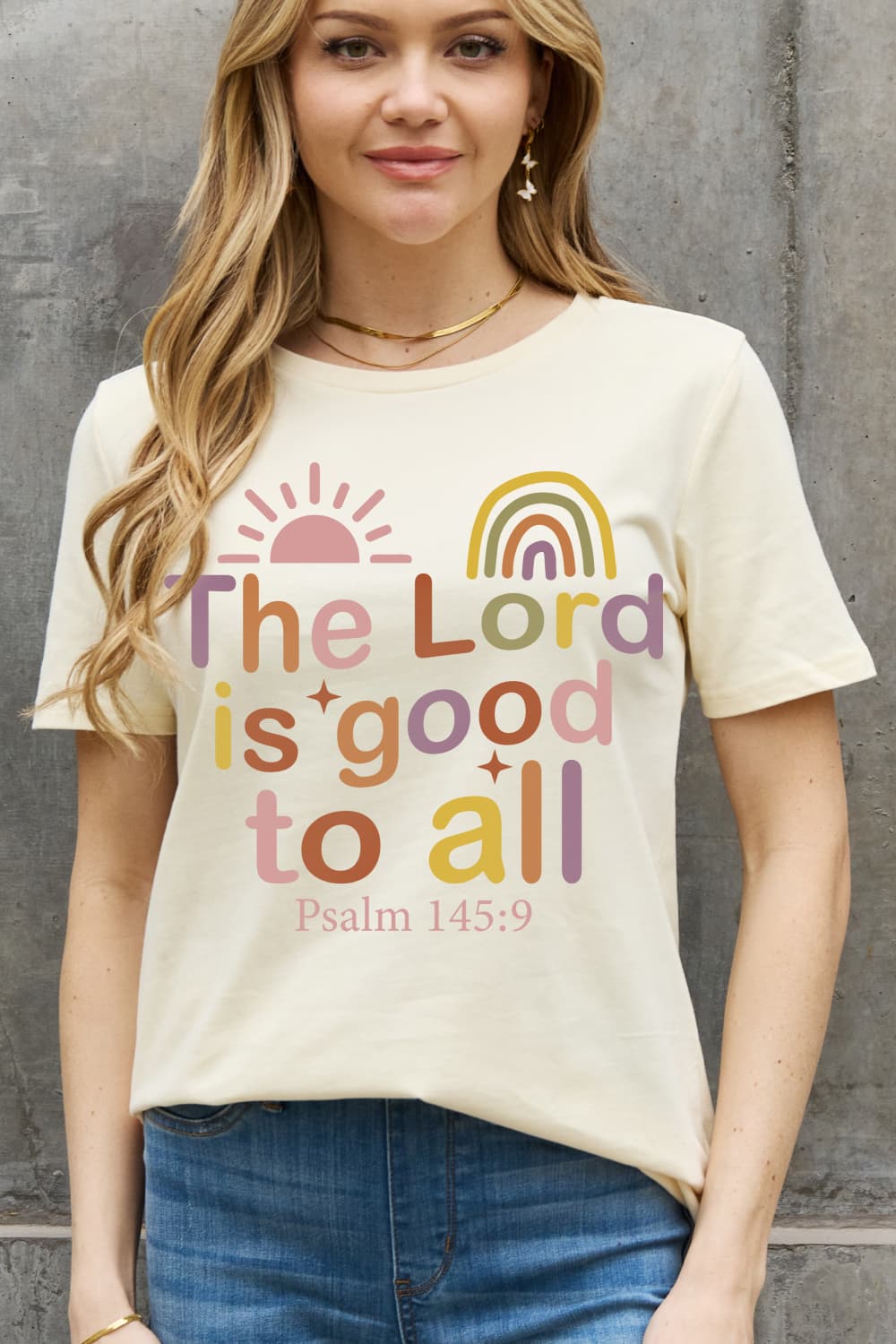 Simply Love Full Size THE LORD IS GOOD TO ALL PSALM 145:9 Graphic Cotton Tee BLUE ZONE PLANET