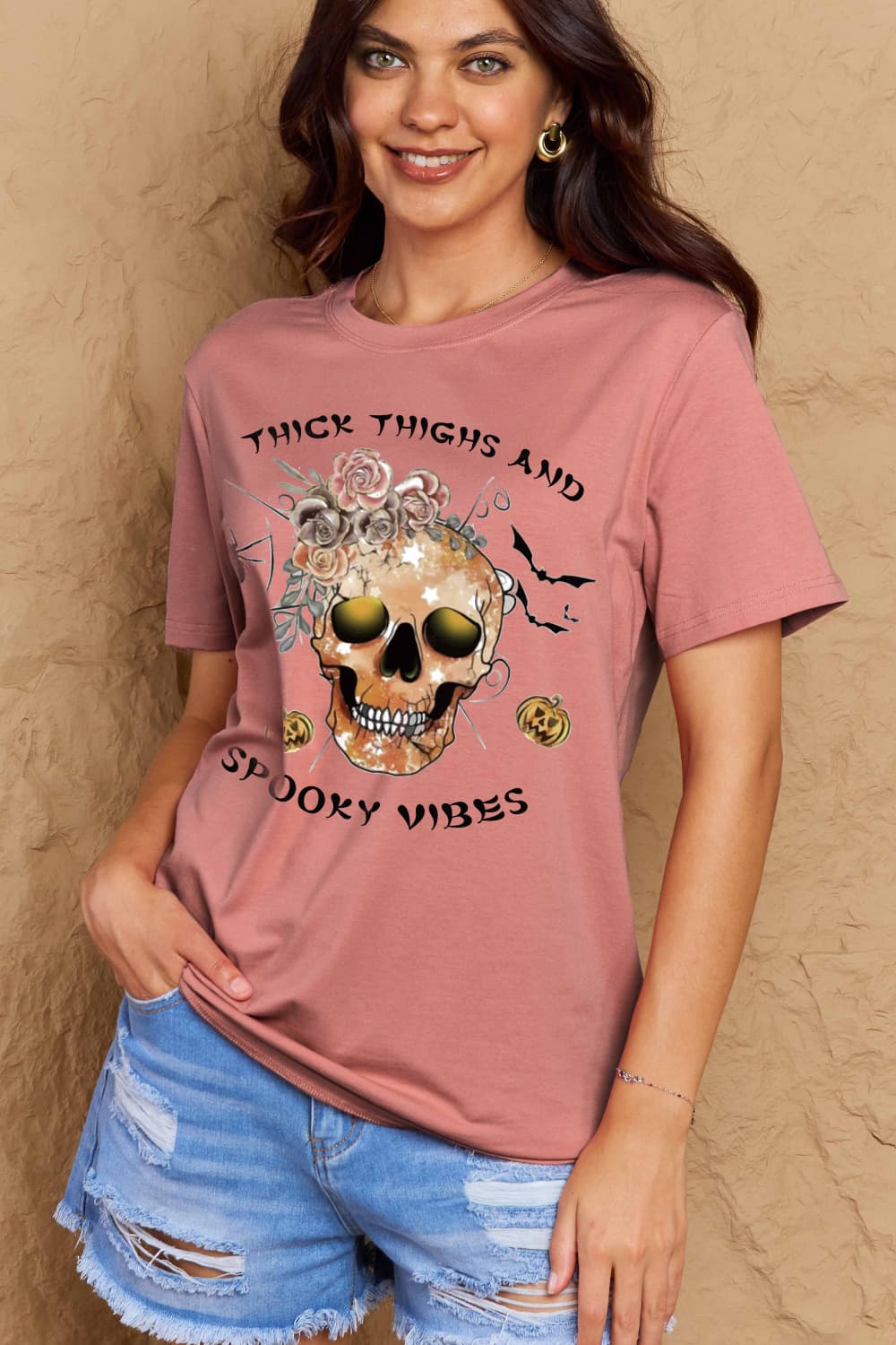 Simply Love Full Size THICK THIGHS AND SPOOKY VIBES Graphic Cotton T-Shirt BLUE ZONE PLANET