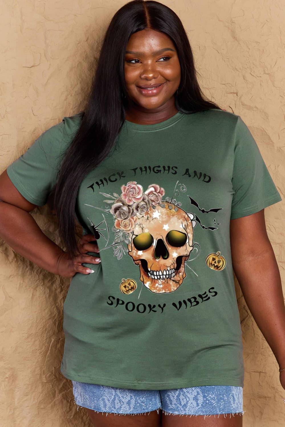 Simply Love Full Size THICK THIGHS AND SPOOKY VIBES Graphic Cotton T-Shirt BLUE ZONE PLANET