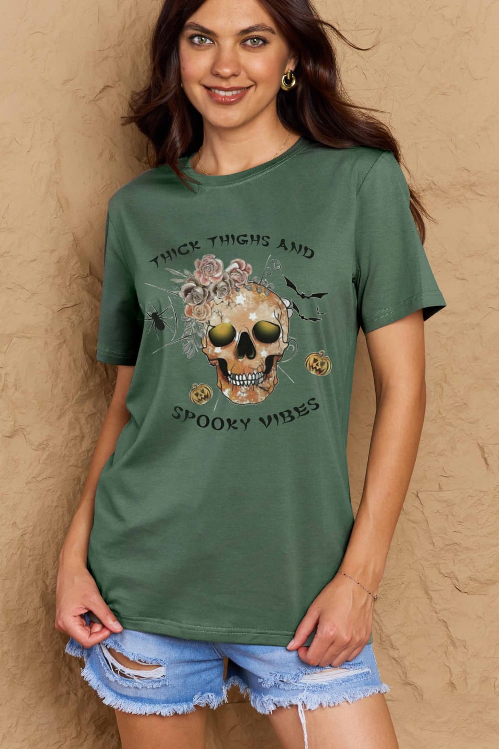 Simply Love Full Size THICK THIGHS AND SPOOKY VIBES Graphic Cotton T-Shirt BLUE ZONE PLANET