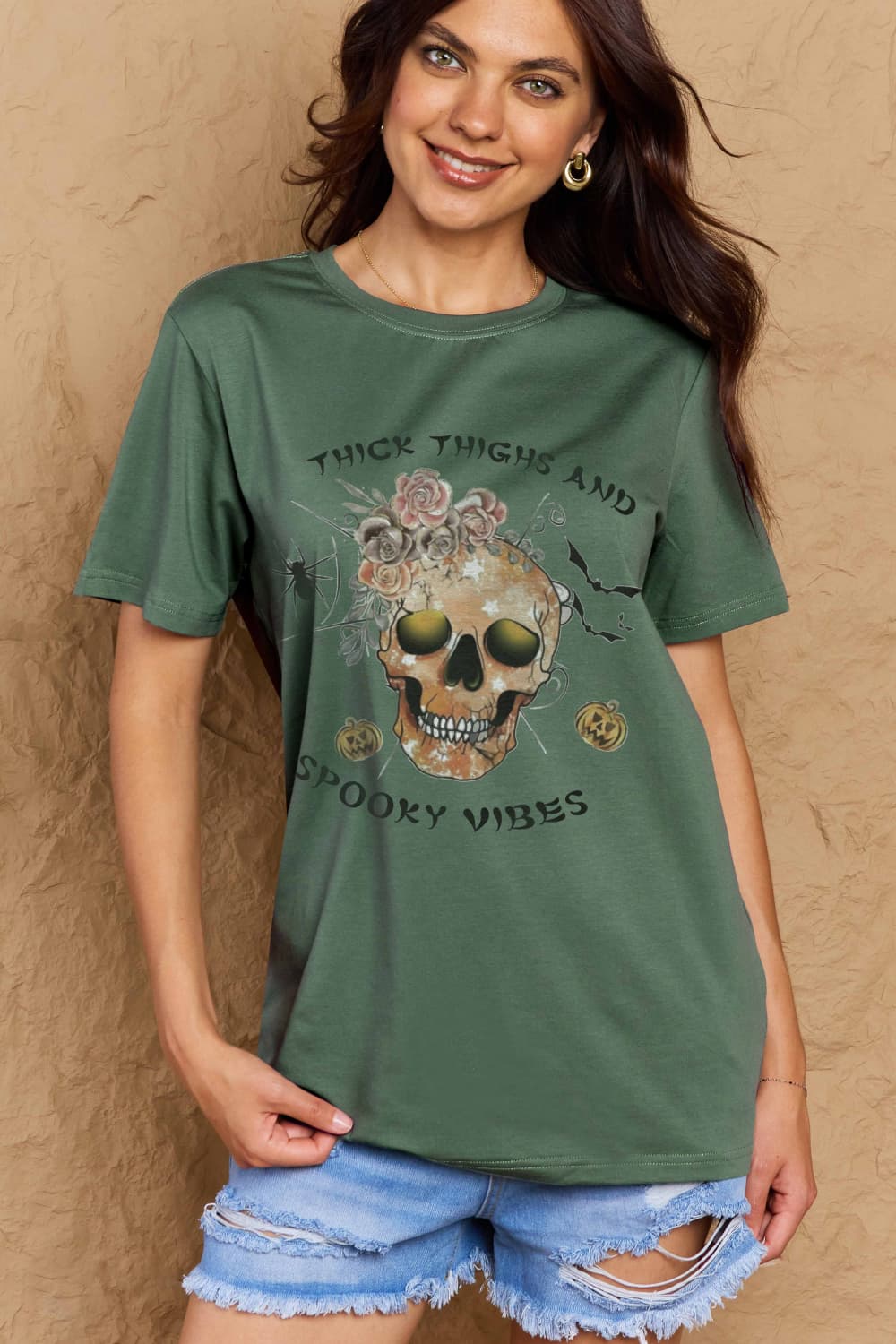 Simply Love Full Size THICK THIGHS AND SPOOKY VIBES Graphic Cotton T-Shirt BLUE ZONE PLANET