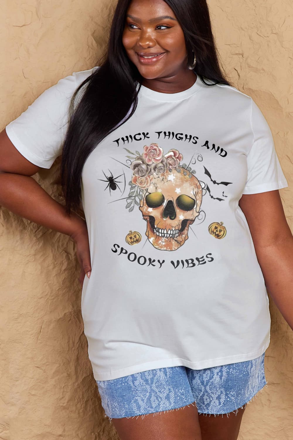 Simply Love Full Size THICK THIGHS AND SPOOKY VIBES Graphic Cotton T-Shirt BLUE ZONE PLANET