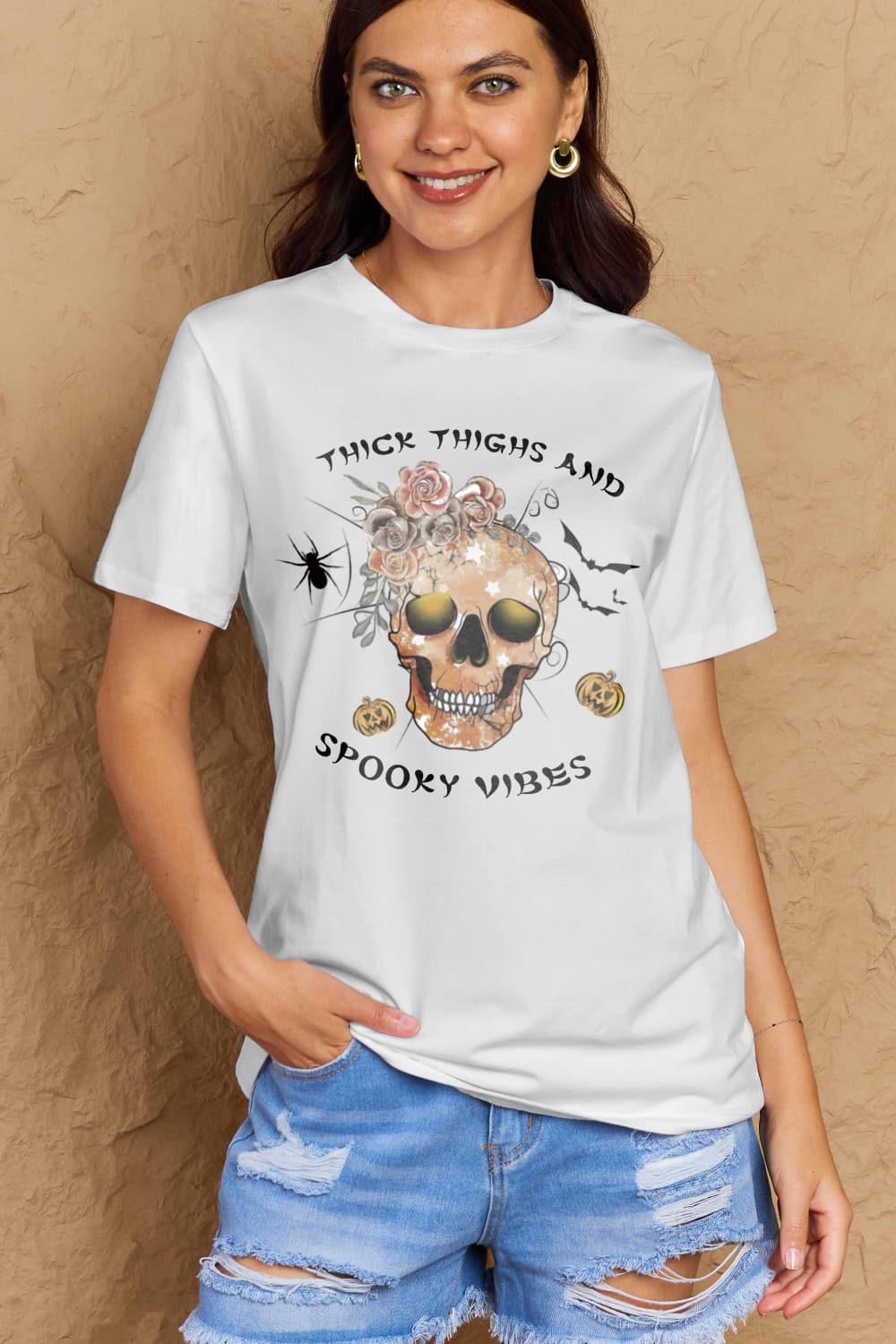 Simply Love Full Size THICK THIGHS AND SPOOKY VIBES Graphic Cotton T-Shirt BLUE ZONE PLANET