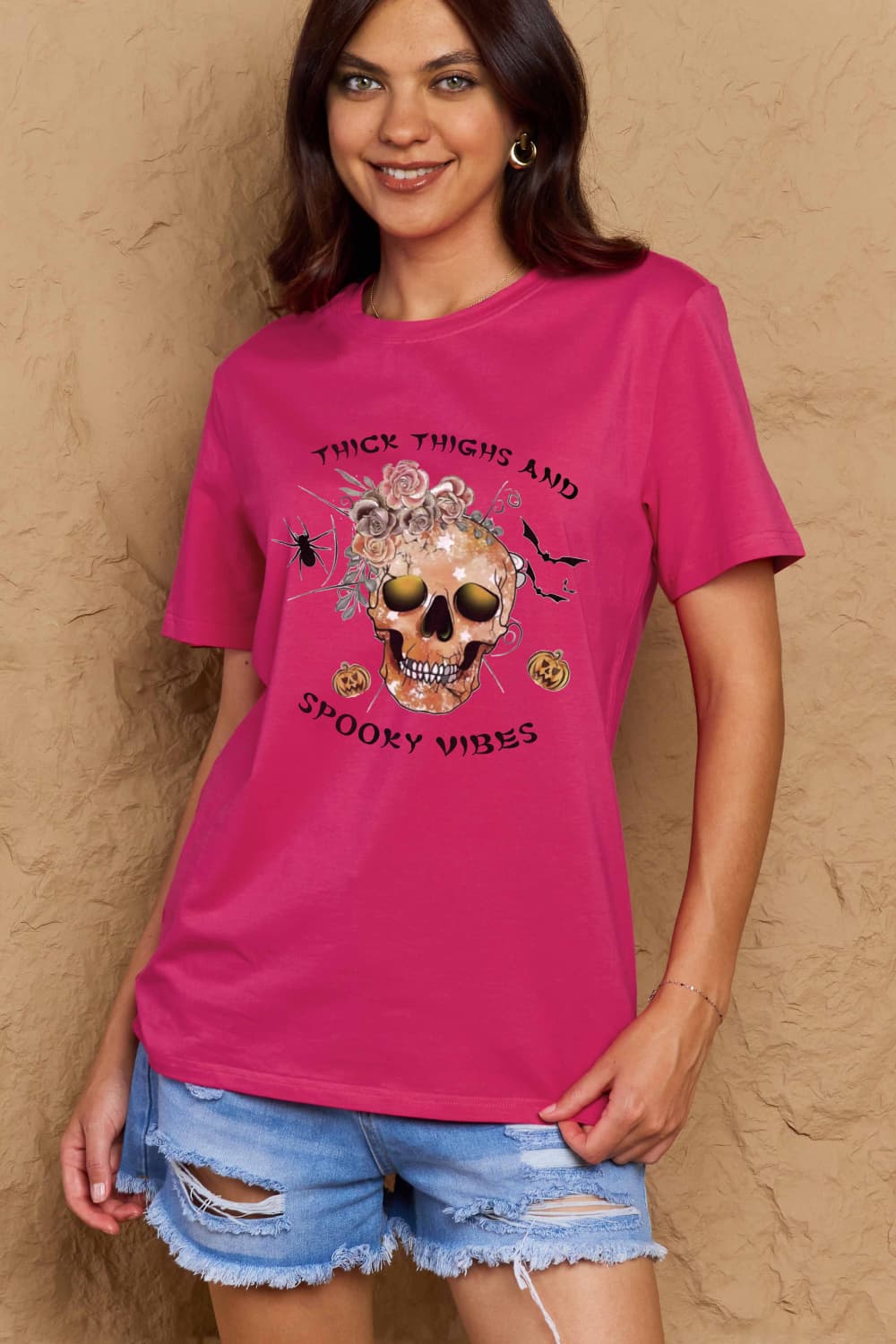 Simply Love Full Size THICK THIGHS AND SPOOKY VIBES Graphic Cotton T-Shirt BLUE ZONE PLANET