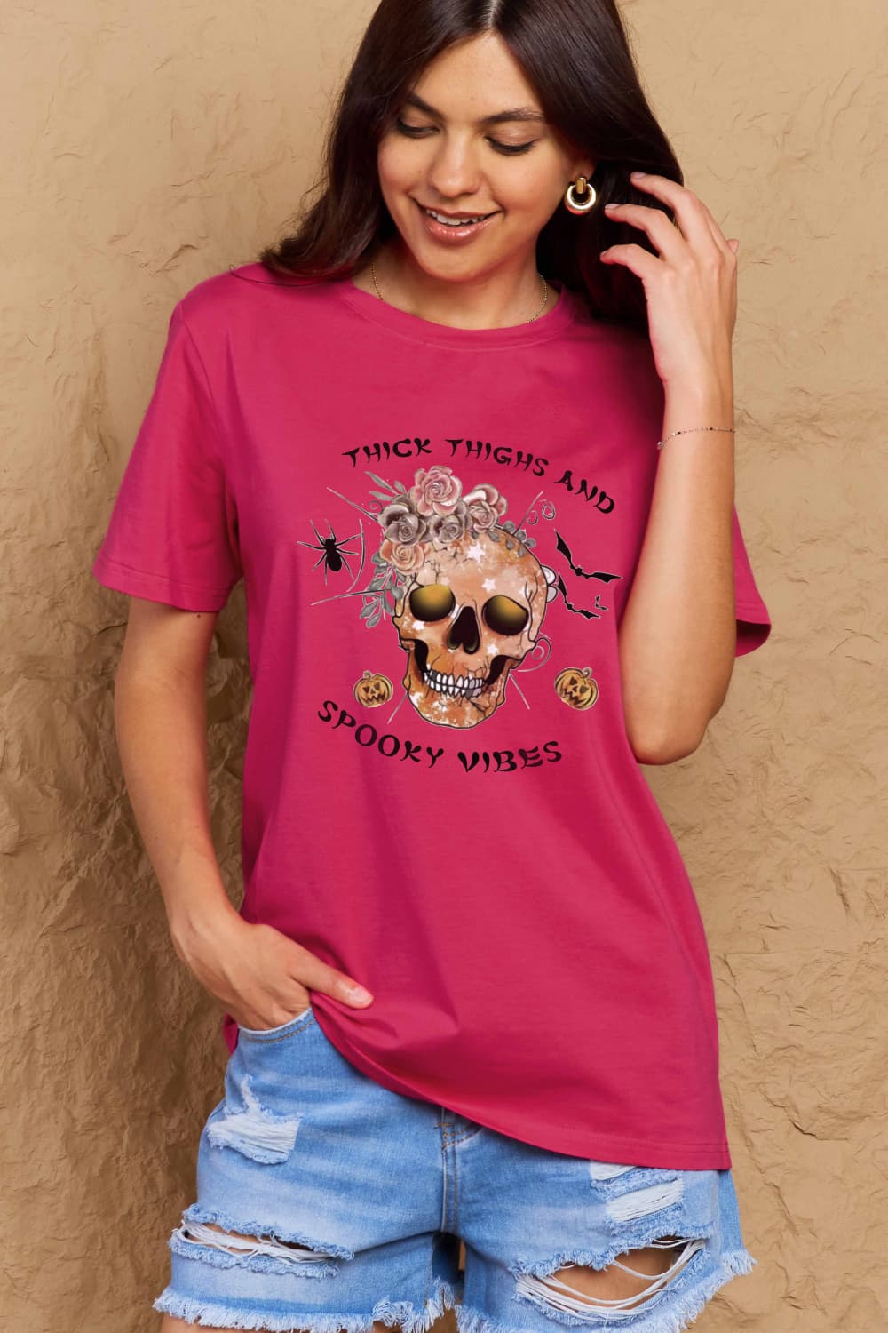 Simply Love Full Size THICK THIGHS AND SPOOKY VIBES Graphic Cotton T-Shirt BLUE ZONE PLANET