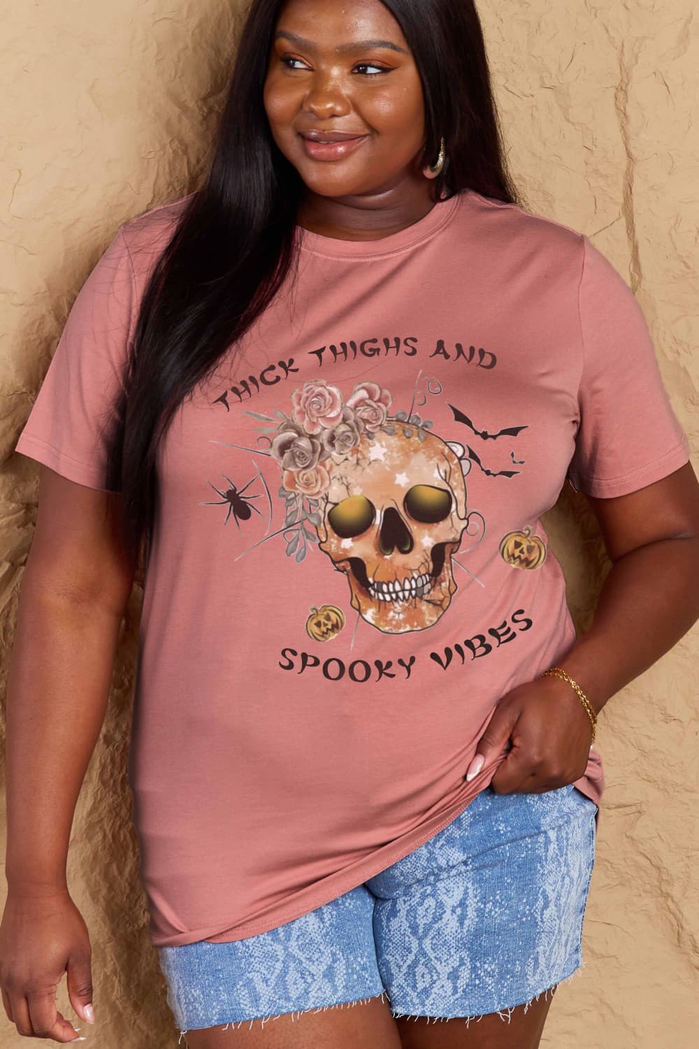 Simply Love Full Size THICK THIGHS AND SPOOKY VIBES Graphic Cotton T-Shirt BLUE ZONE PLANET