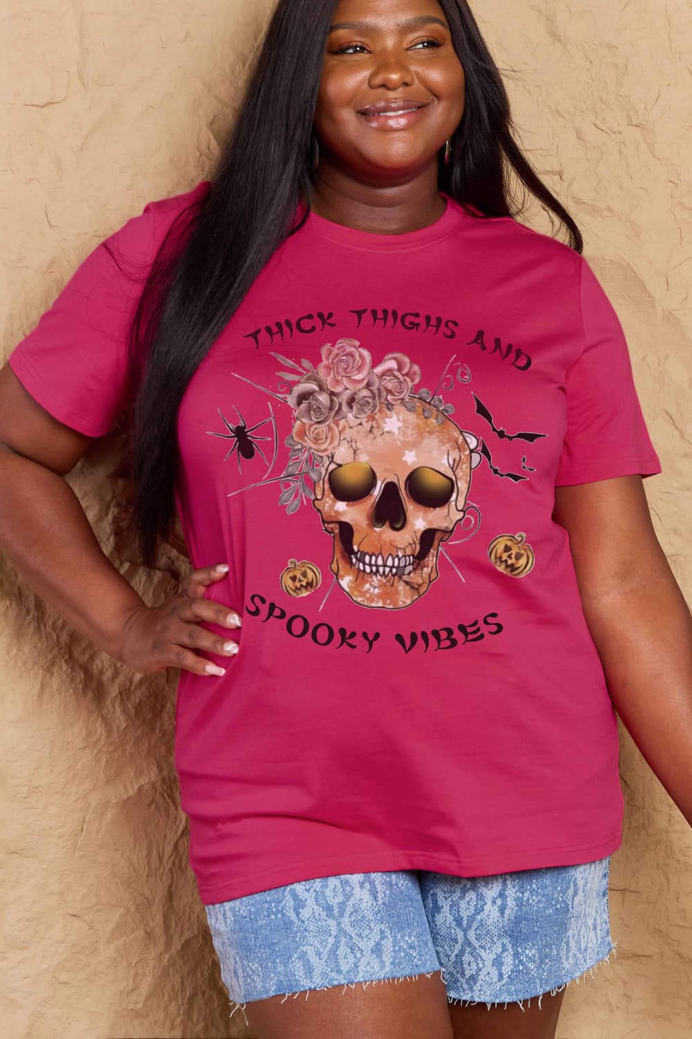 Simply Love Full Size THICK THIGHS AND SPOOKY VIBES Graphic Cotton T-Shirt BLUE ZONE PLANET